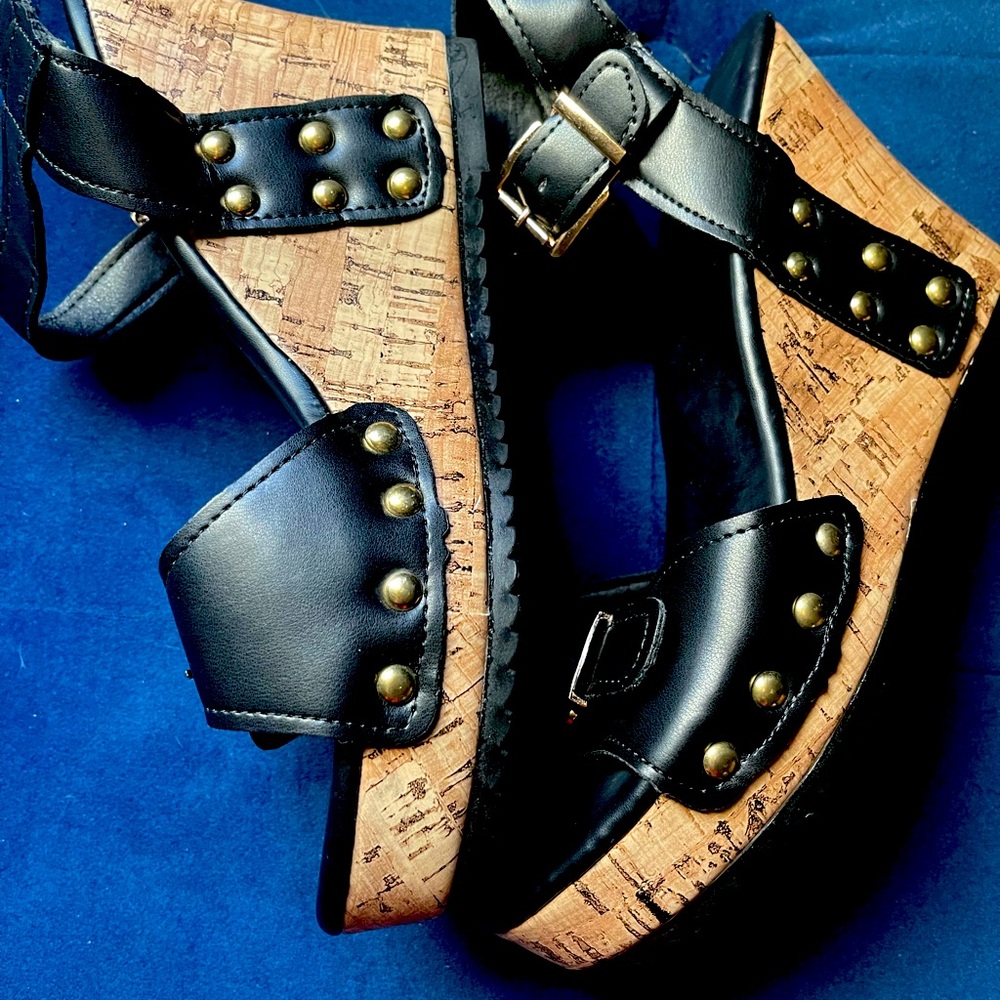Women's Solid Color Casual Sandals, Platform Ankle Buckle Strap Studded